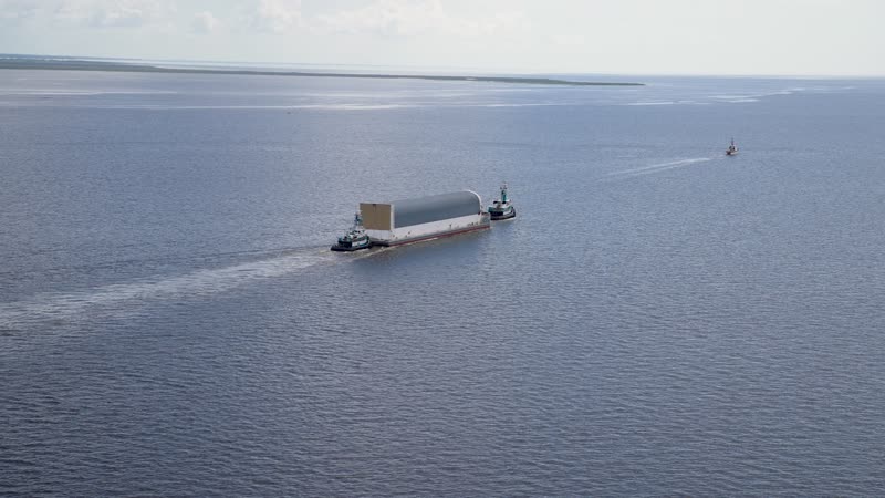 NASA Photographers Capture Aerial Views of Pegasus Barge with Artemis II Rocket Stage